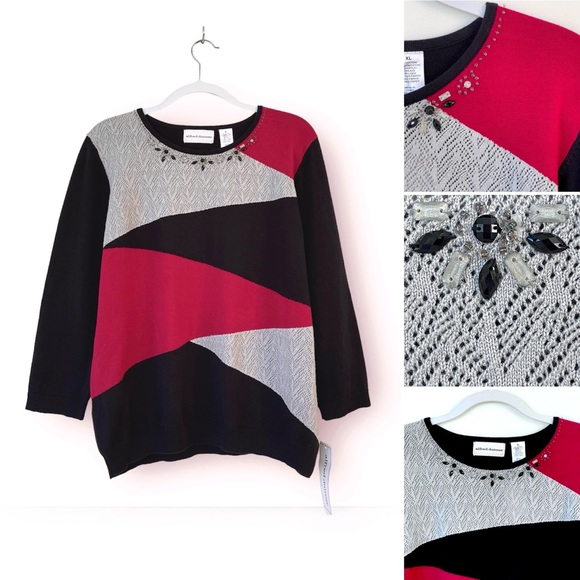 Alfred Dunner Knit Sweater Embellished Neckline Colorblock 3/4 Sleeve Crewneck - Picture 1 of 11